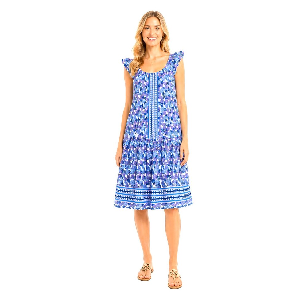 Simply Southern Pineapple Print Dress L Blue Pink Boho Tiered Ruffle Sleeve
